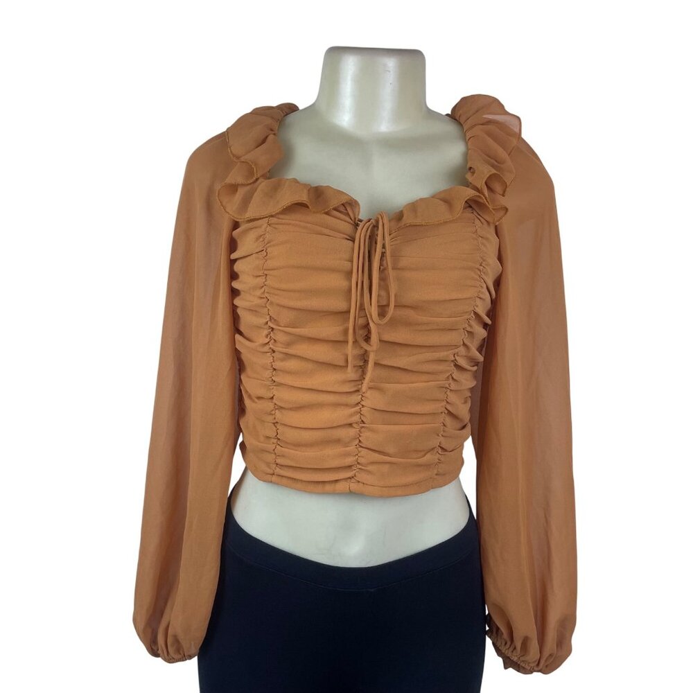 Idem Ditto Women’s Orange Polyester Ruched Long Sleeve Crop Top Size M